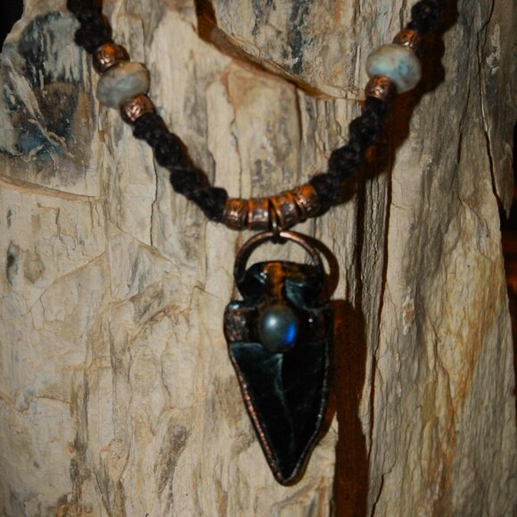 Copper-Toned Obsidian Arrowhead with Moonstone on 23" Handmade Black Hemp Chain - Picture 5 of 6